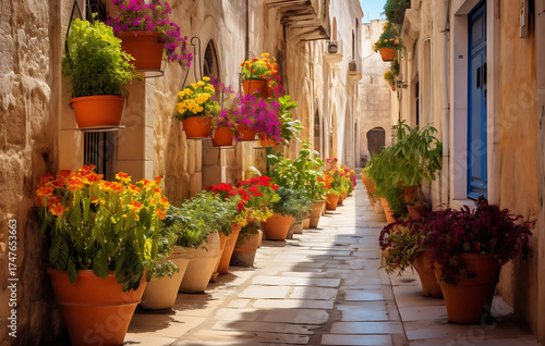 captivating alleyway, adorned with vibrant flower pots, creates a visual symphony of color and serenity, a true celebration of urban beauty.