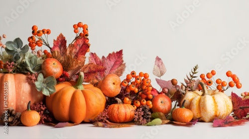 Pumpkins and fall foliage celebrating autumn harvest season
