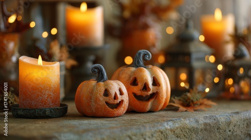 Halloween pumpkins with glowing candles creating autumn atmosphere