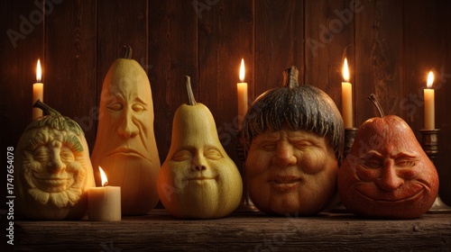 Carved pumpkins and gourds showing different emotions