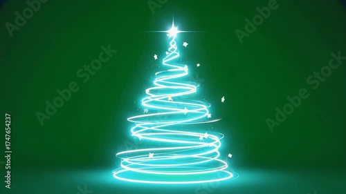 Stylized Christmas tree formed by swirling cyan light trails on green background 