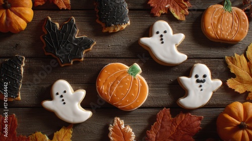 Halloween cookies, pumpkins, ghosts, and autumn leaves