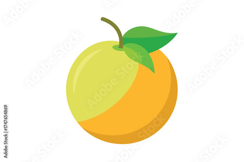 Brightly colored cartoon plum with green leaves and stem on a white background