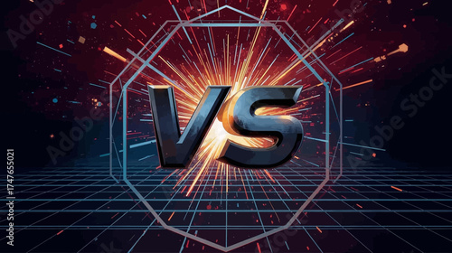 Dynamic visual representation of a 'VS' concept, featuring a glowing metallic design against a vibrant, energetic, and futuristic backdrop with sparks.