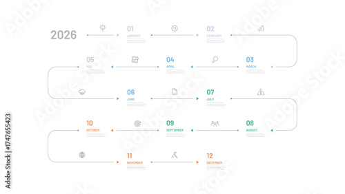 An annual  timeline divided into quarters and months. Editable icons. Infographics for a presentation slide, website