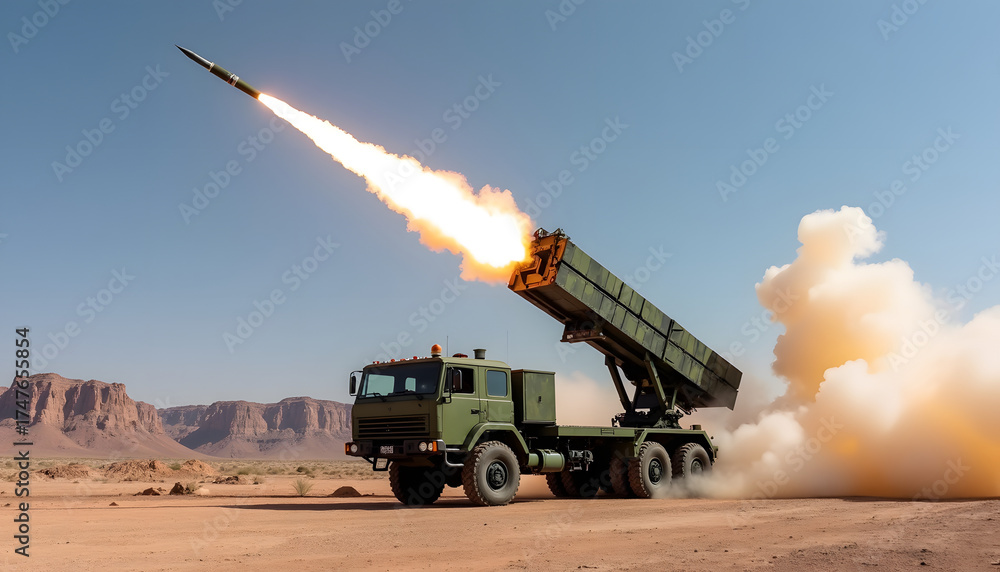 Obraz premium Missile Launch from Military Vehicle in Desert Landscape