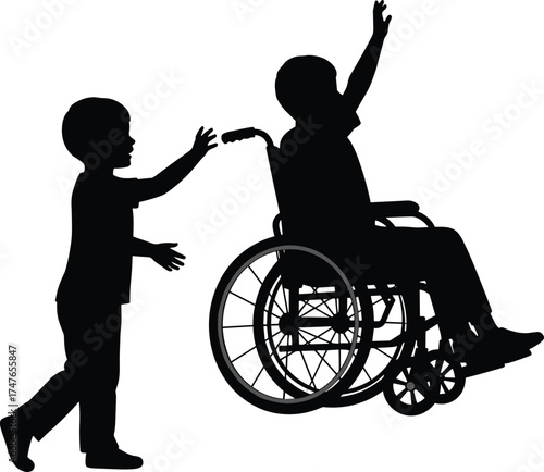 Children silhouette illustration, wheelchair interaction, inclusive moment, emotional vector art, disability awareness, black and white, CAD drawing flat vector illustration