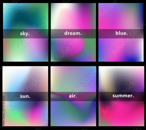 Vector illustration features a collection of six vibrant gradient backgrounds. Each square displays smooth color transitions in shades of pink, green, blue, and purple, with a soft, ethereal texture.