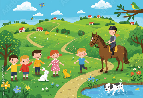 Children playing in countryside, animals and nature, horse riding, pond fun, spring hills, village life