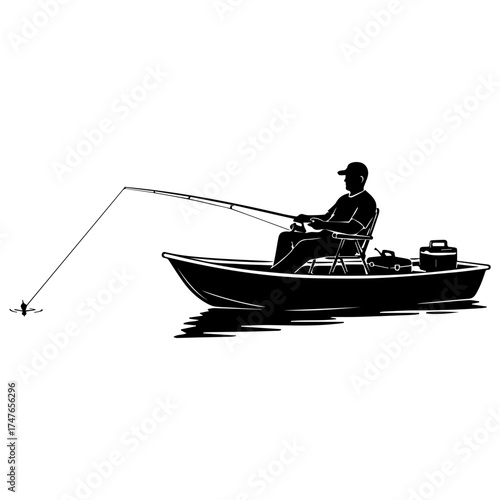 Silhouette of fisherman sitting in boat holding fishing rod with lure cast over water