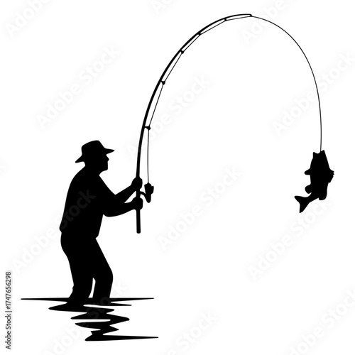 Silhouette of fisherman holding bent rod with fish caught on line in water