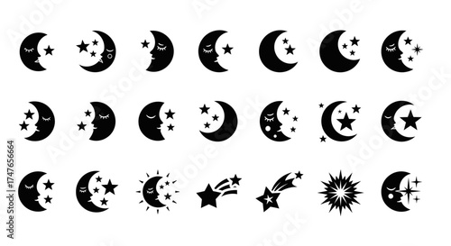 Celestial night icons collection vector set with moons, stars, and comets design