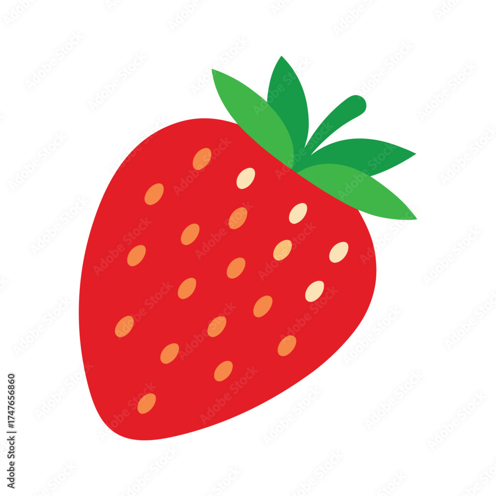 Fototapeta premium Bright red strawberry with green leaves isolated on white background simple illustration