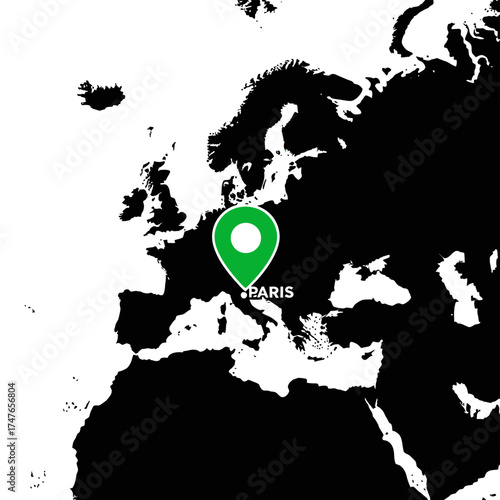 Paris pinpointed on stylized Europe and Africa map providing geographic context