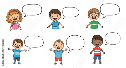 Diverse cartoon children expressing thoughts through speech bubbles create vibrant image