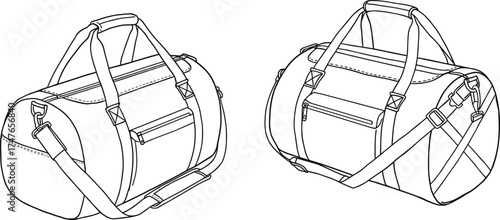 Duffel bag technical sketch, front and side view, travel gear, bag design, cad drawing, vector illustration, fashion accessory, product blueprint, luggage concept, handle and strap