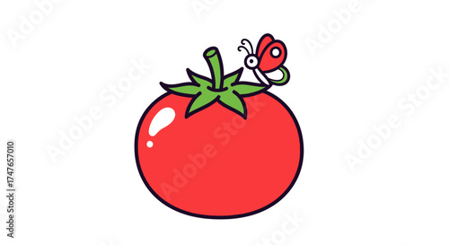 A cheerful tomato and butterfly illustration conveying freshness and joy for children