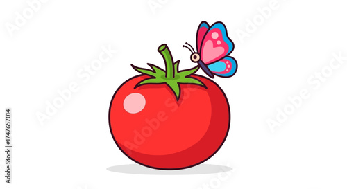 Whimsical Tomato with Butterfly Illustration Featuring Vibrant Colors and Playful Design