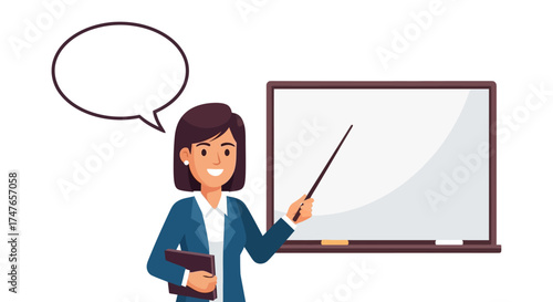 Professional teacher presenting data on whiteboard with speech bubble for education uses