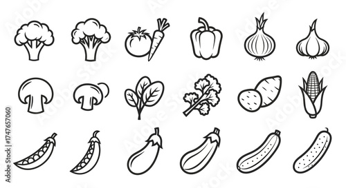 Minimalist vegetable icons conveying freshness and healthy eating choices in monochrome