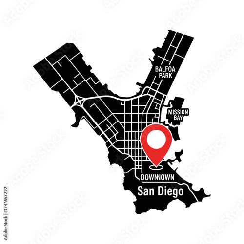 San Diego city map illustration with landmark indications and red pinpoint vector design