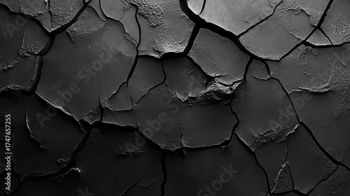 Dramatic deep texture of cracked dark earth, symbolizing drought, hardship, or barrenness for impactful concepts.