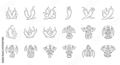Collection of outlined fiery chili peppers and mythical dragons for design themes and creativity