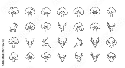 Delicate line icons showcasing broccoli and reindeer figures arranged repetitively