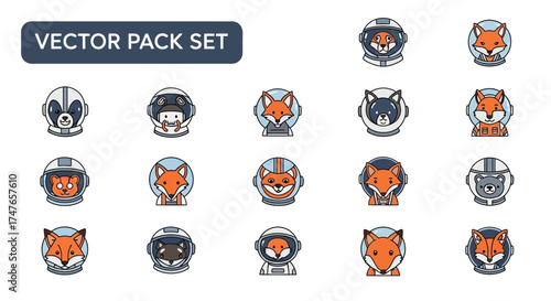 Astronaut Animals Vector Set: Cartoon Animals in Space Helmets Vector Illustration
