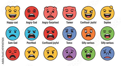 Illustrative representation of diverse emotions through whimsical emoticons, demonstrating complex