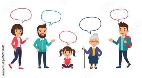 Intergenerational communication depicted through cartoon characters with speech bubbles