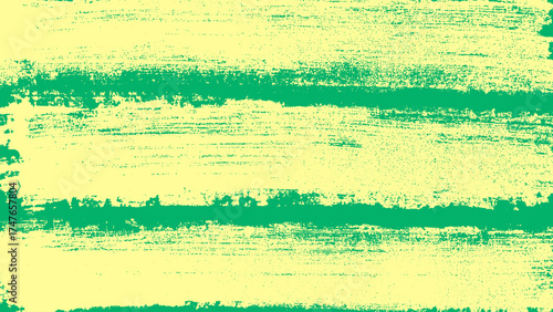 Wide hand painted green stripes on pale yellow surface. Rough brush texture with smudged edges and organic pattern. Modern rolled background for print, web or packaging.