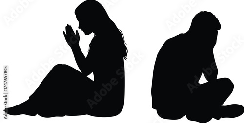 Emotional silhouettes, sadness, separation, introspection, sitting figures, conflict, solitude, posture, tension, black silhouettes, dramatic mood, contrast