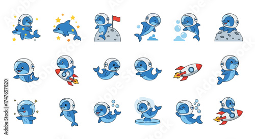 Charming Aquatic Astronauts: A Collection of Cartoon Dolphins Exploring Outer Space Delightfully