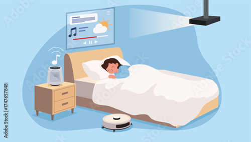 Smart bedroom with automated features. The application of AI technology in daily life.