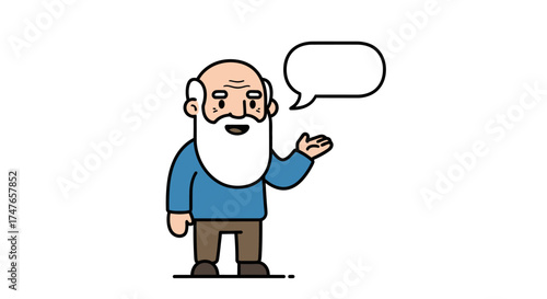 Illustration of an elder man with a white beard presenting with speech bubble