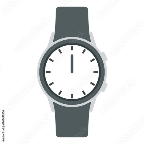A flat design vector icon of a classic analog wristwatch with a gray band. The clock hands are pointing to twelve o'clock, symbolizing noon or midnight