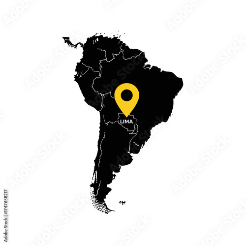 South American region marked in dark tone featuring Lima with a distinctive golden pin icon