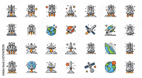 Various space exploration vector icons depicting rockets, space shuttle launches and satellites