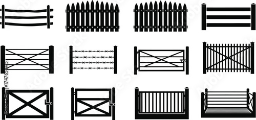 Collection of black fence and gate icons for farm, garden and property concepts