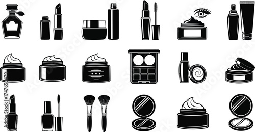 Set of black cosmetic icons for beauty, makeup, and personal care concepts