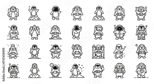 Collection of minimalist penguin astronauts exploring space with unique spacesuits icons