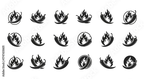 Collection of burning hot chili pepper icons ideal for spicy food product logos