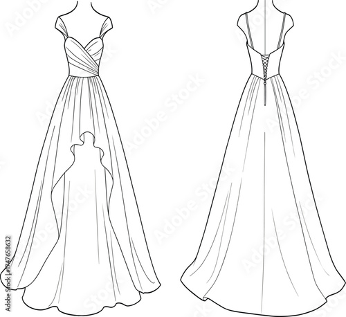 Evening gown fashion sketch, sweetheart neckline, V-neck dress, lace-up back, high slit, pleated skirt, CAD drawing flat vector illustration