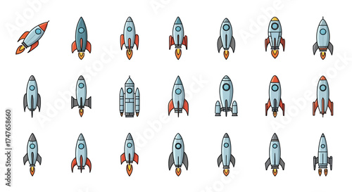 Collection of retro-inspired rocket ship illustrations in varied designs on a clear backdrop