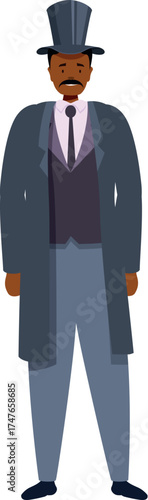 Victorian gentleman wearing a long coat, suit, and top hat, representing classic style