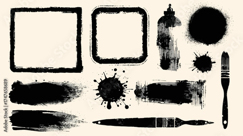 A collection of black ink textures, frames, splatters, and brush strokes, perfect for adding artistic elements to various design projects and creative compositions.
