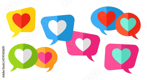 Vibrant dialogue balloons adorned with affectionate hearts convey digital romance and positivity