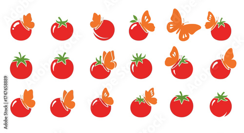Playful tomato and butterfly icon pattern creating a whimsical food and nature theme