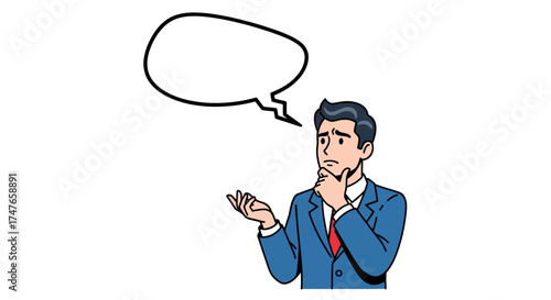 Businessman pondering with thought bubble expressing complex deliberation with a perplexed